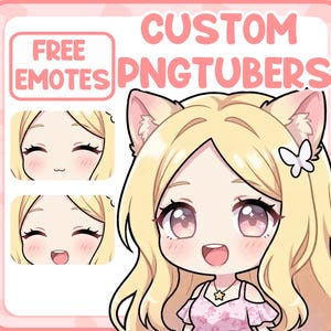 May include: A digital illustration of a cartoon character with blonde hair, cat ears, and large pink eyes. The image includes the text "FREE EMOTES" and "CUSTOM PNGTUBERS" in pink. A butterfly is on the character's head.