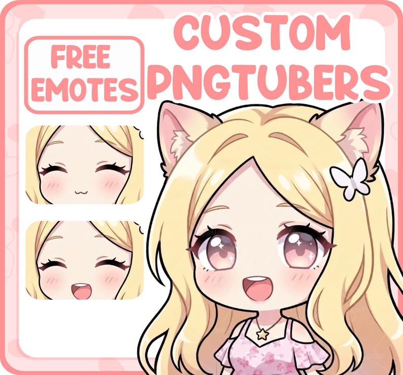 May include: A digital illustration of a cartoon character with blonde hair, cat ears, and large pink eyes. The image includes the text "FREE EMOTES" and "CUSTOM PNGTUBERS" in pink. A butterfly is on the character's head.