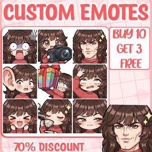 May include: A digital graphic featuring CUSTOM EMOTES with a grid of nine illustrated characters with brown hair and red sweaters, including expressions of shock, holding a camera, a gift, a teacup, and a muscular face, with text BUY 10 GET 3 FREE.