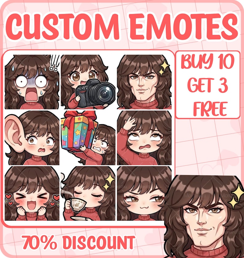 May include: A digital graphic featuring CUSTOM EMOTES with a grid of nine illustrated characters with brown hair and red sweaters, including expressions of shock, holding a camera, a gift, a teacup, and a muscular face, with text BUY 10 GET 3 FREE.