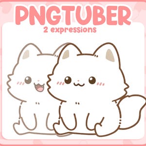 May include: A digital illustration featuring two cartoon cats with different expressions. The cats are white with brown outlines and pink blush marks. The text "PNGTUBER 2 expressions" is at the top in pink.