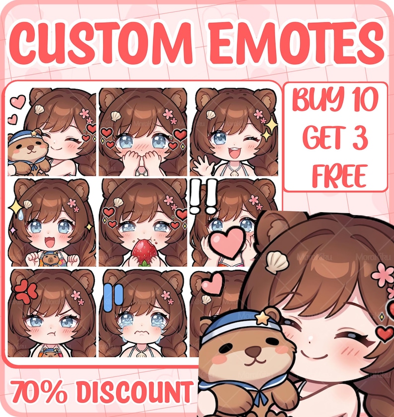 May include: A digital graphic featuring a grid of nine anime-style emotes of a brown-haired character with bear ears, displaying various expressions like crying, laughing, and eating a strawberry, with text reading CUSTOM EMOTES, BUY 10 GET 3 FREE.