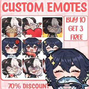 May include: A collection of digital chibi-style character emotes featuring a character with black and white hair and horns. The emotes show various expressions and actions, including eating popcorn, holding a heart, drinking tea, and holding a knife.