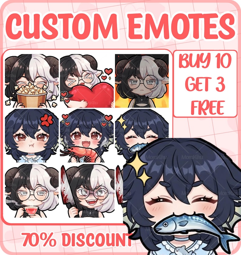 May include: A collection of digital chibi-style character emotes featuring a character with black and white hair and horns. The emotes show various expressions and actions, including eating popcorn, holding a heart, drinking tea, and holding a knife.