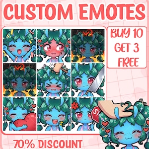 May include: A digital display of custom emotes featuring a blue-skinned character with green hair in various expressions, including holding a heart, a knife, and a hammer. The text reads CUSTOM EMOTES, BUY 10 GET 3 FREE, and 70% DISCOUNT.