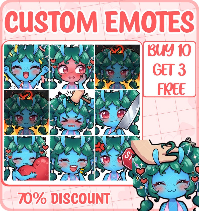 May include: A digital display of custom emotes featuring a blue-skinned character with green hair in various expressions, including holding a heart, a knife, and a hammer. The text reads CUSTOM EMOTES, BUY 10 GET 3 FREE, and 70% DISCOUNT.