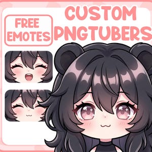 May include: Digital illustration of an anime-style character with black hair and pink eyes. The image includes the text "FREE EMOTES" and "CUSTOM PNGTUBERS" in a pink frame, with examples of emotes.