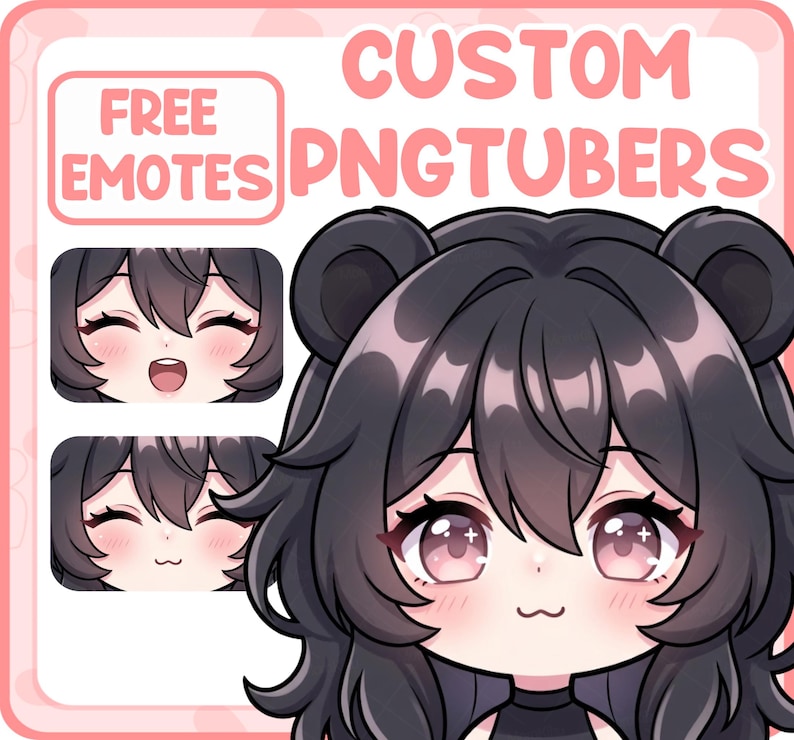 May include: Digital illustration of an anime-style character with black hair and pink eyes. The image includes the text "FREE EMOTES" and "CUSTOM PNGTUBERS" in a pink frame, with examples of emotes.