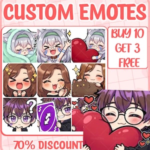 May include: A collection of digital character emotes featuring various anime-style figures with diverse hair colors, expressions, and accessories. The image includes text that reads CUSTOM EMOTES, BUY 10 GET 3 FREE, and 70% DISCOUNT, displayed in a grid layout.