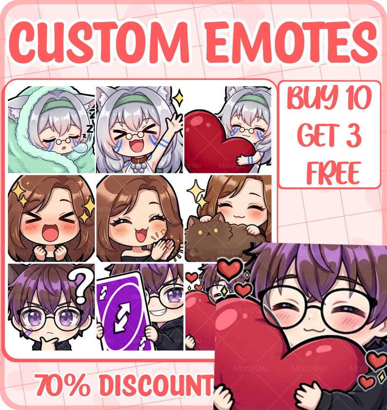 May include: A collection of digital character emotes featuring various anime-style figures with diverse hair colors, expressions, and accessories. The image includes text that reads CUSTOM EMOTES, BUY 10 GET 3 FREE, and 70% DISCOUNT, displayed in a grid layout.