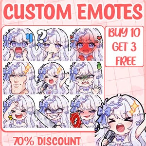 May include: A digital sheet of custom emotes featuring an anime-style character with long white hair and blue bows. The character displays various expressions including shock, confusion, anger, joy, and holding items like a microphone and a knife.