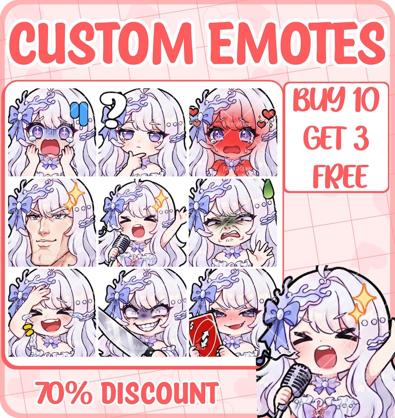 May include: A digital sheet of custom emotes featuring an anime-style character with long white hair and blue bows. The character displays various expressions including shock, confusion, anger, joy, and holding items like a microphone and a knife.