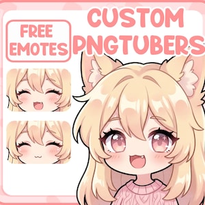 May include: A digital illustration of a cartoon character with light blonde hair, pink eyes, and cat ears, wearing a pink sweater. The image includes the text "FREE EMOTES" and "CUSTOM PNGTUBERS" in a pink font, along with examples of emotes.
