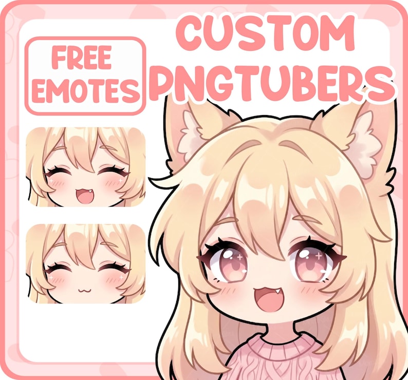 May include: A digital illustration of a cartoon character with light blonde hair, pink eyes, and cat ears, wearing a pink sweater. The image includes the text "FREE EMOTES" and "CUSTOM PNGTUBERS" in a pink font, along with examples of emotes.
