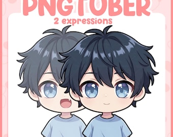 Avatar de chico chibi PNGTuber – Anime de pelo oscuro para Twitch y Discord (descarga digital)