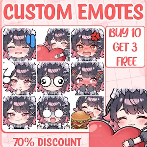 May include: A digital sheet of custom emotes featuring an anime-style character with dark hair and pink highlights. The grid displays various expressions including crying, hugging a heart, angry, confused, surprised, blushing, eating a burger, and shocked.