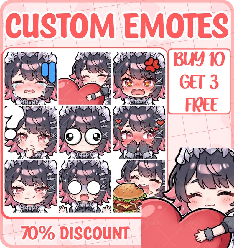 May include: A digital sheet of custom emotes featuring an anime-style character with dark hair and pink highlights. The grid displays various expressions including crying, hugging a heart, angry, confused, surprised, blushing, eating a burger, and shocked.