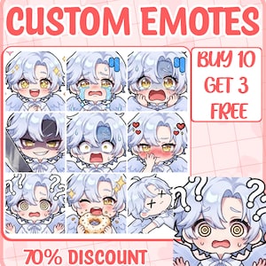 May include: A digital graphic sheet displaying CUSTOM EMOTES with various expressions of a light blue-haired character. The grid includes icons of the character crying, eating a donut, and looking confused. Text reads BUY 10 GET 3 FREE and 70% DISCOUNT.