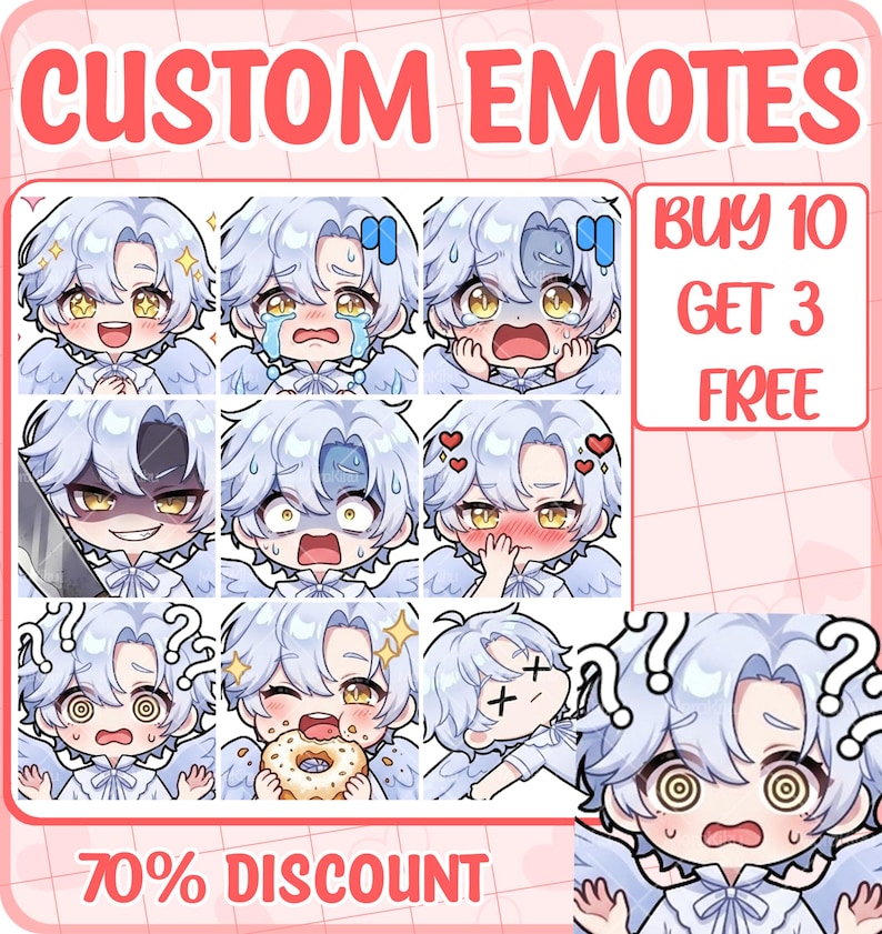 May include: A digital graphic sheet displaying CUSTOM EMOTES with various expressions of a light blue-haired character. The grid includes icons of the character crying, eating a donut, and looking confused. Text reads BUY 10 GET 3 FREE and 70% DISCOUNT.