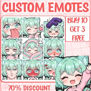 May include: A digital graphic sheet titled CUSTOM EMOTES featuring ten varied illustrations of a mint-green haired character with cat ears in a pink sweater. The text includes BUY 10 GET 3 FREE and 70% DISCOUNT. The character displays diverse facial expressions.