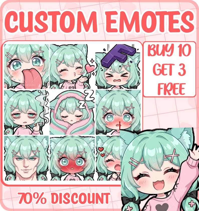 May include: A digital graphic sheet titled CUSTOM EMOTES featuring ten varied illustrations of a mint-green haired character with cat ears in a pink sweater. The text includes BUY 10 GET 3 FREE and 70% DISCOUNT. The character displays diverse facial expressions.