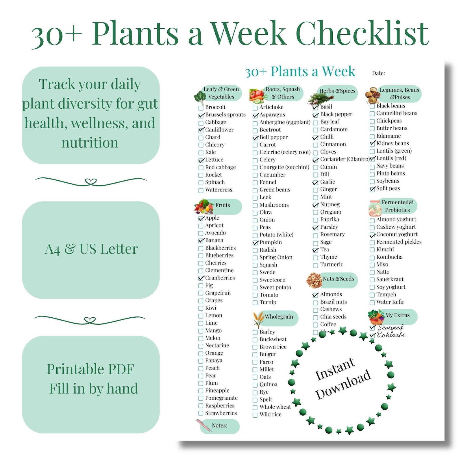 30+ Plants a Week Checklist | Gut Health Tracker (printable PDF A4/US ...