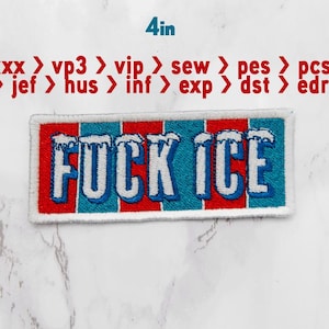 May include: Embroidered patch with the text "FUCK ICE" in white, outlined in blue, on a turquoise background, framed by red and white borders. The patch measures 10 cm.