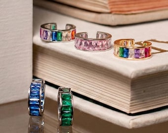 Orecchino a polsino con pietra baguette in argento sterling - Senza piercing, con fascia per elica e cartilagine