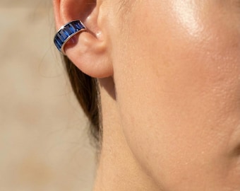 Orecchino a polsino con baguette blu zaffiro, argento sterling 925 rodiato, senza piercing, regalo moderno