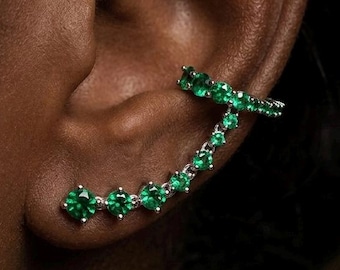 Emerald Green Ear Climber Cuff 925 Sterling Silver No Piercing Conch Stud Gift