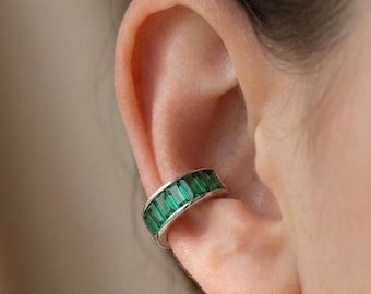 Green Baguette Ear Cuff – 925 Sterling Silver, Non-Pierced