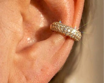 Orecchino a clip in argento sterling 925 placcato oro 18 carati con pavé, senza piercing, ampio, minimalista.