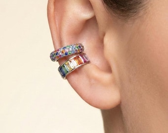 Orecchino a polsino colorato arcobaleno in argento sterling 925 con zirconi cubici a baguette, senza piercing, multicolore, regalo