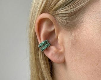 Emerald Green Ear Cuff, 925 Sterling Silver, Pavé Set, Birthstone Gift for Her
