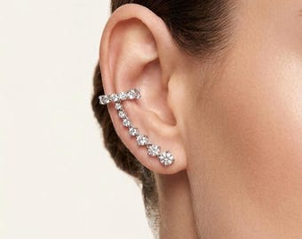 Clear White Ear Climber Cuff 925 Sterling Silver Rhodium No Piercing Conch Stud Gift