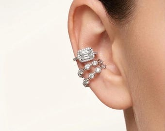 Elegant Halo Emerald Cut Double Band Ear Cuff 925 Sterling Silver Rhodium Jewelry Gift