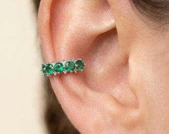 Emerald Green Ear Cuff 925 Sterling Silver Rhodium No Piercing Wide Minimalist Jewelry Gift