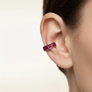 Ohrmanschette Rubin Rot Baguette 925 Sterling Silber Rhodium Kein Piercing Statement Luxus Geschenk