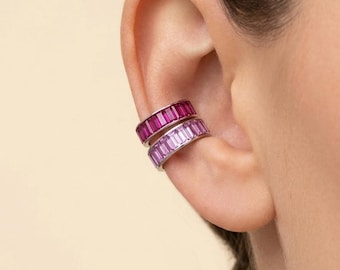 Ruby Red and Pink Baguette Ear Cuff 925 Sterling Silver Rhodium No Piercing Gift