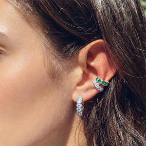 Sterling Silver Ear Cuff: Emerald Green & White Crystal, No Piercing