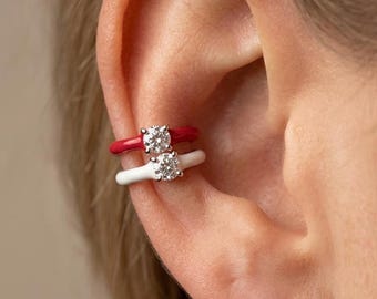 Set di orecchini a clip in smalto bianco lampone, argento sterling 925, zirconi cubici, senza piercing.