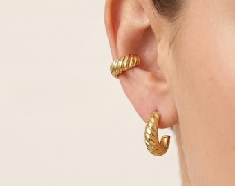 Croissant Ribbed Ear Cuff Hoop Earring Set 925 Sterling Silver 18K Gold Plated Jewelry