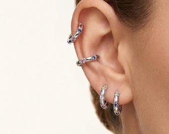 Set di orecchini a cerchio/cuffia multicolore arcobaleno in argento sterling 925 rodiato, gioielli senza piercing