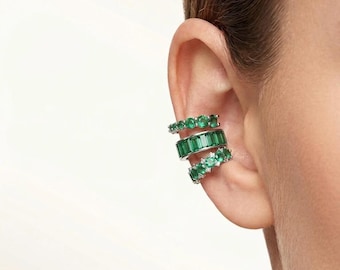 Emerald Green Ear Cuff Set 925 Sterling Silver Rhodium No Piercing Baguette Statement Gift