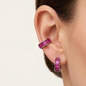 Conjunto de pendientes de aro con rubí baguette, plata de ley 925 rodiada, sin necesidad de perforación.