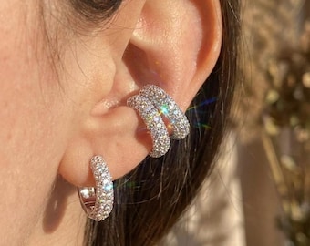 Full Pavé Ear Cuff and Hoop Earring 925 Sterling Silver Rhodium Jewelry Gift Her
