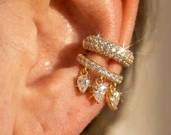 Set di orecchini pendenti placcati in oro 18 carati e argento 925 con pavé, senza piercing, gioiello regalo