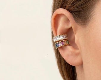 Orecchino a clip con baguette placcato oro 18 carati, argento 925, senza piercing, con alone, per cartilagine e conchiglia.