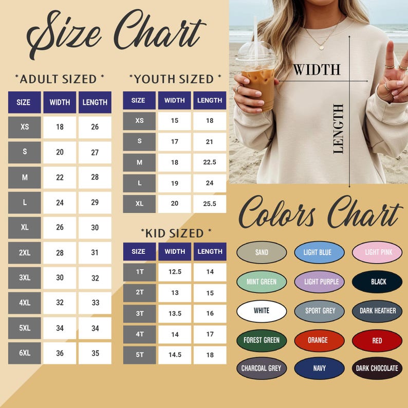 May include: A size chart and color chart for apparel. The size chart includes adult, youth, and kid sizes with width and length measurements in inches. The color chart displays various color options, including sand, light blue, and black.