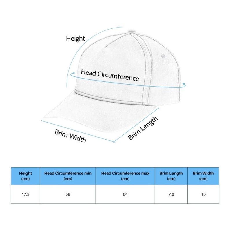 Puede incluir: Gorra de b&eacute;isbol blanca con medidas: altura 17,3 cm, circunferencia de la cabeza 58-64 cm, longitud de la visera 7,6 cm y ancho de la visera 15 cm. La imagen muestra las dimensiones.